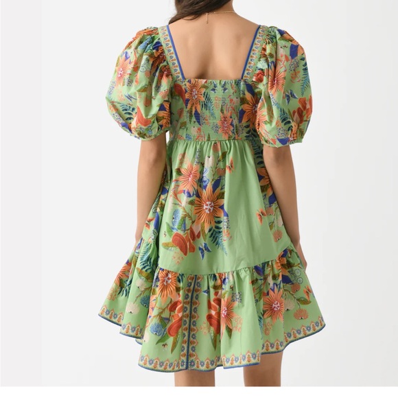 Farm Rio Green Puff Sleeve Bright Yard Mini Dress - Picture 4 of 10